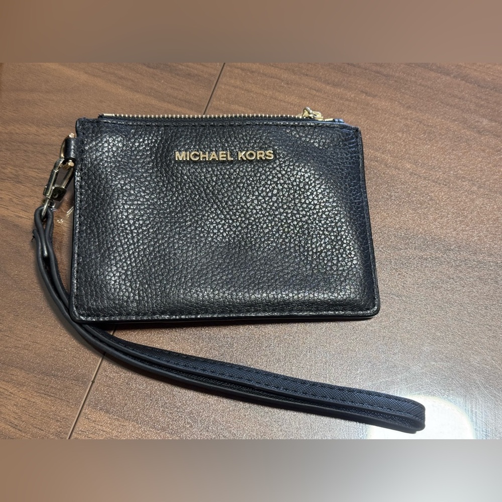 Michael Kors Black Pebbled Leather Wristlet Card Pouch with Gold Hardware